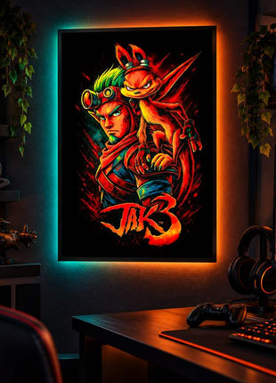 Wasteland Hero Awakened Jak and Daxter LED lightbox wall art glowing in a dark gaming room