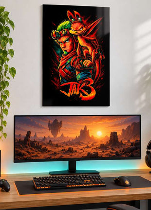 Wasteland Hero Awakened Jak and Daxter metal wall art above a modern gaming desk