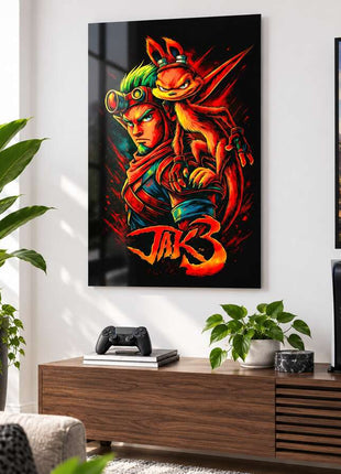 Wasteland Hero Awakened Jak and Daxter metal wall art in a bright media room