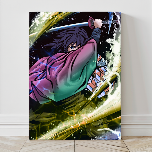 Swordsman drawing a katana through a sweeping water arc, dynamic brush energy.