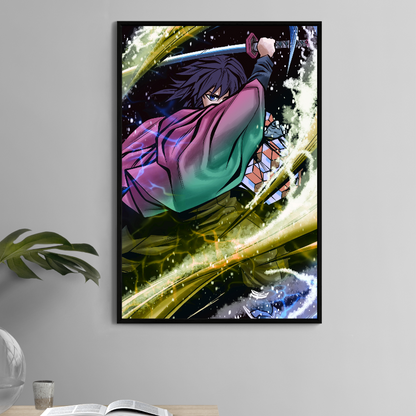Poster print of a water-style swordsman mid-slash, blue and gold energy trails, dramatic anime action scene.