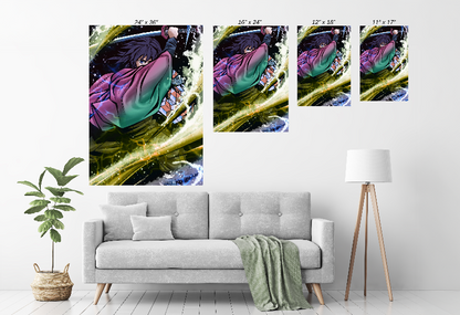 Framed wall art in a modern room setting—water-arc swordsman size chart styled for gaming/collector décor.