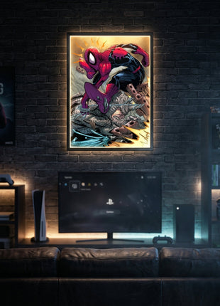 Spider-Man battling Rhino wall art displayed in a dark Marvel gaming room