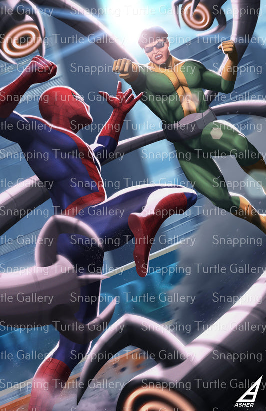 Spider hero vs tentacle villain in aerial clash – canvas print