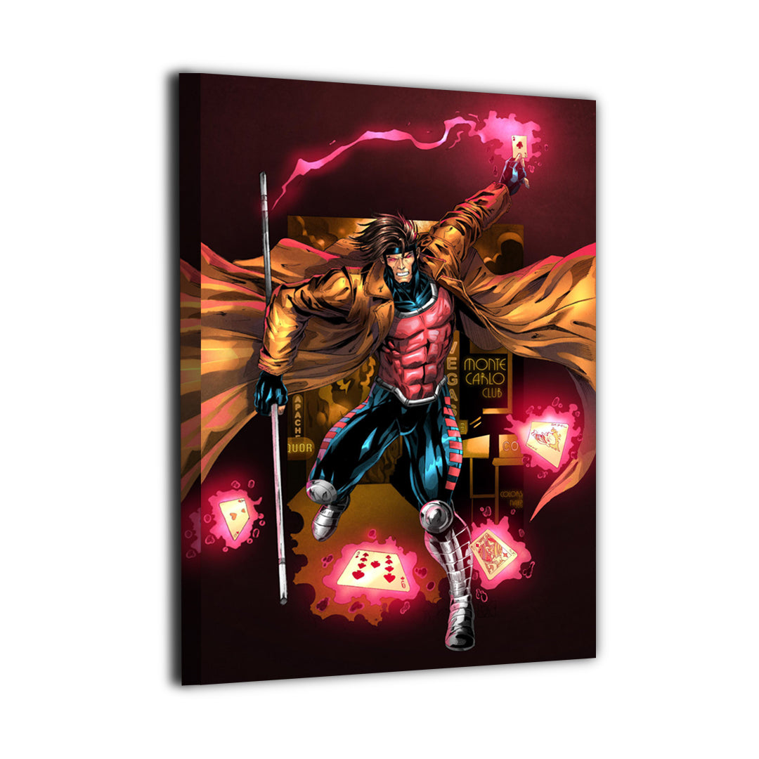 Dynamic Gambit wall art shown at an angle highlighting kinetic motion, glowing playing cards, and the character’s signature staff against a vivid, high-contrast background | Snapping Turtle Gallery