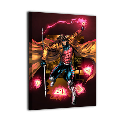 Dynamic Gambit wall art shown at an angle highlighting kinetic motion, glowing playing cards, and the character’s signature staff against a vivid, high-contrast background | Snapping Turtle Gallery