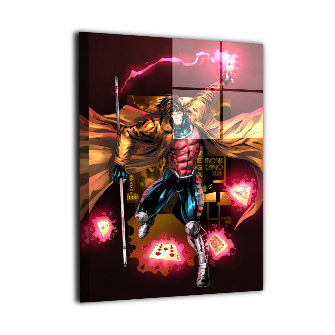 Gambit wall art featuring the iconic X-Men character mid-leap wielding charged playing cards with a flowing trench coat in a dramatic casino-inspired scene | Snapping Turtle Gallery