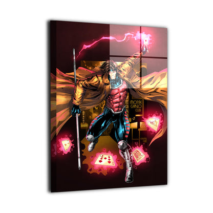 Gambit wall art featuring the iconic X-Men character mid-leap wielding charged playing cards with a flowing trench coat in a dramatic casino-inspired scene | Snapping Turtle Gallery