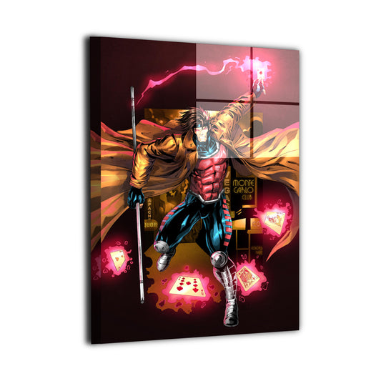 Gambit wall art featuring the iconic X-Men character mid-leap wielding charged playing cards with a flowing trench coat in a dramatic casino-inspired scene | Snapping Turtle Gallery