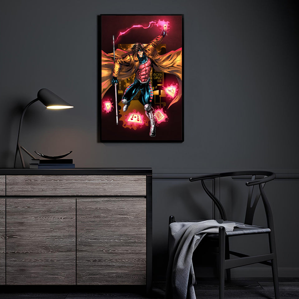 Gambit wall art displayed in a modern interior setting showcasing the X-Men character’s energetic pose, luminous card effects, and bold comic-style color palette | Snapping Turtle Gallery