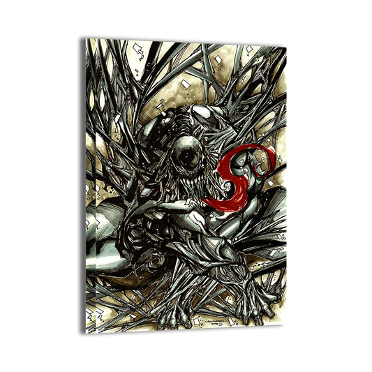 Canvas print of Venom entangled in chaotic ink strands and monstrous form  

