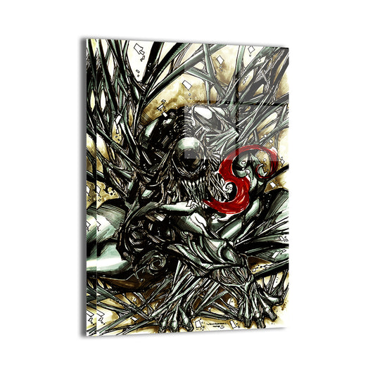 Gloss metal print of abstract horror-style Venom with wild linework and red tongue  
