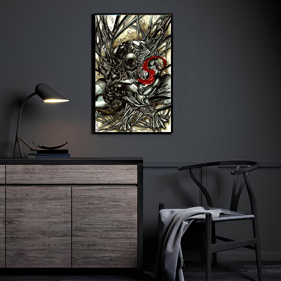 Poster print of Venom twisted in black symbiotic tendrils with sharp claws and red tongue  
