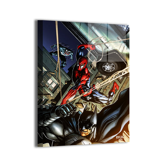 Webs & Shadows Wall Art Metal Print – Spider-Man & Batman vs Venom by Ryan Pasibe