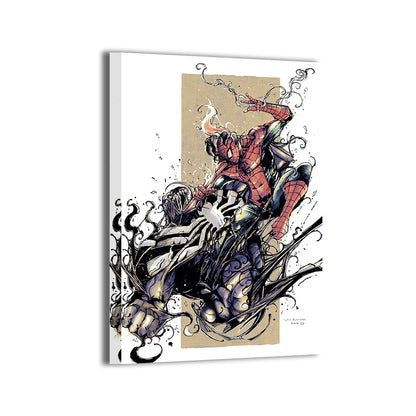 Canvas print of Spider-Man swinging into Venom with symbiote chaos surrounding them  
