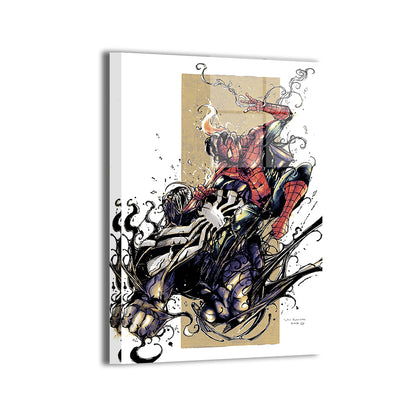 Gloss metal print of Spider-Man vs Venom in explosive action pose  
