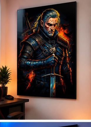 White Wolf at the Ready Geralt of Rivia Witcher acrylic wall art displayed in a realistic modern gaming office without visible corner mounts
