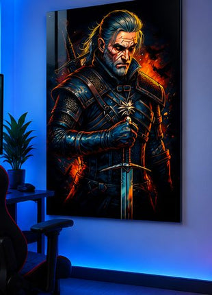 White Wolf at the Ready Geralt of Rivia Witcher acrylic wall art displayed in a realistic modern gaming room without visible corner mounts