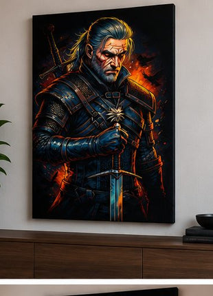 White Wolf at the Ready Geralt of Rivia Witcher canvas wall art displayed above a modern console in a realistic living space