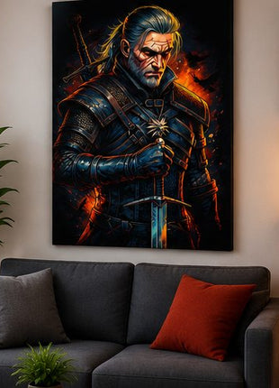 White Wolf at the Ready Geralt of Rivia Witcher canvas wall art displayed in a realistic modern living room