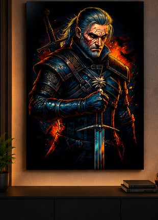 White Wolf at the Ready Geralt of Rivia Witcher metal wall art displayed above a modern console in a realistic living space without visible corner mounts