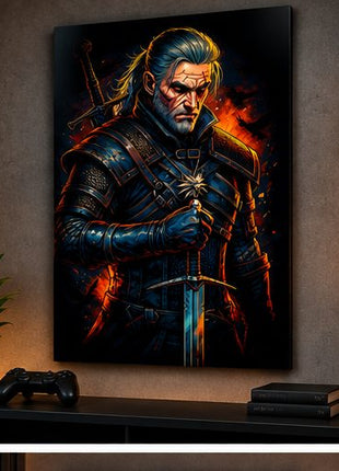 White Wolf at the Ready Geralt of Rivia Witcher metal wall art displayed in a realistic modern media room without visible corner mounts
