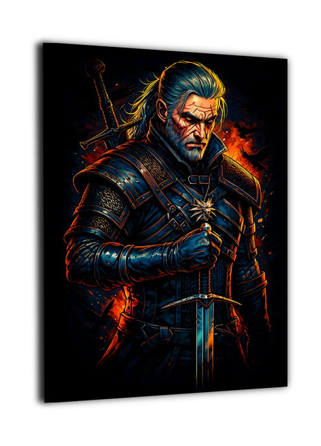 White Wolf at the Ready canvas wall art showing Geralt of Rivia with one hand resting on his sword hilt