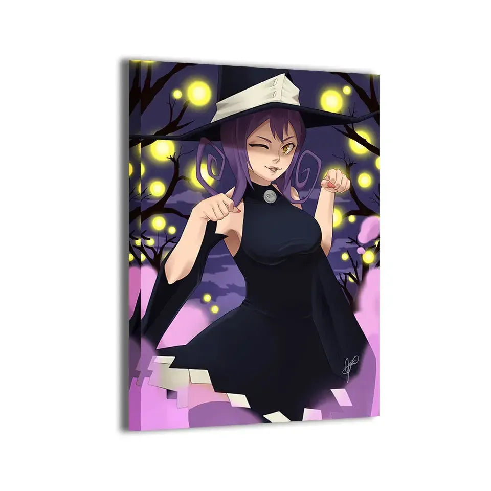 Canvas wall art of Blair from Soul Eater in a witch outfit, winking under a magical sky