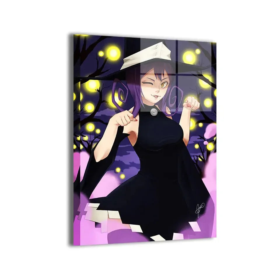 Metal print artwork featuring Blair from Soul Eater, in a dark forest with glowing lights