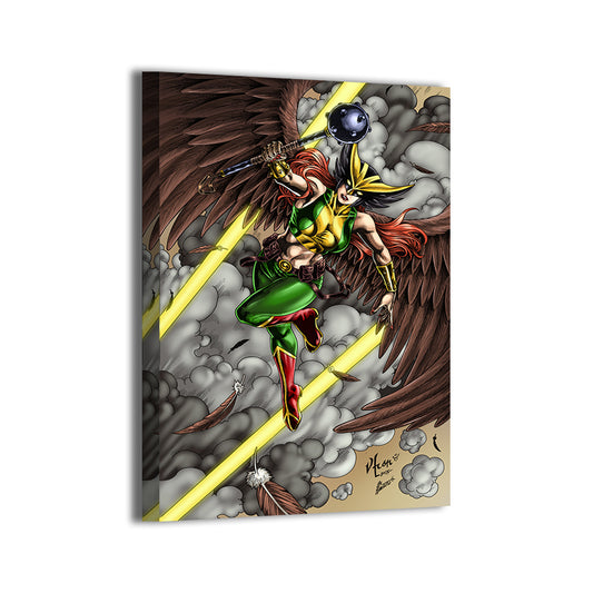 Hawkgirl descending with mace through storm – large canvas print
