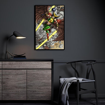 Hawkgirl flying with mace and lightning – poster print
