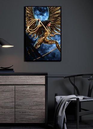 Wings of Gold Wonder Woman wall art displayed above a cabinet in a dark-room mockup
