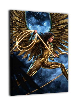 Wonder Woman lunging in feathered gold armor through a dark blue sky, artwork by Ryan Pasibe