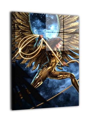Angled reflective view of Wonder Woman in winged gold armor with a glowing lasso against storm clouds