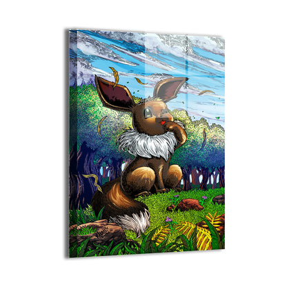 Metal wall art of Eevee sitting in forest clearing, 16x24 size
