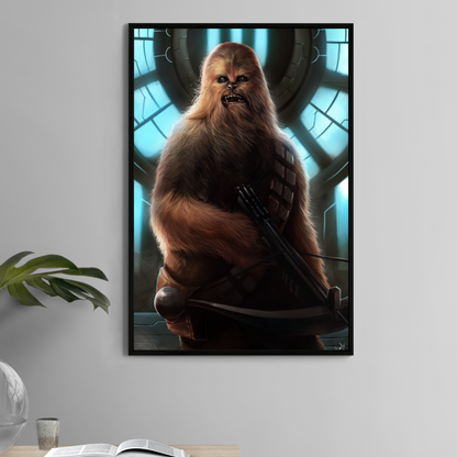 Chewbacca-inspired 11x17 wall art print – crossbow pose, blue glow