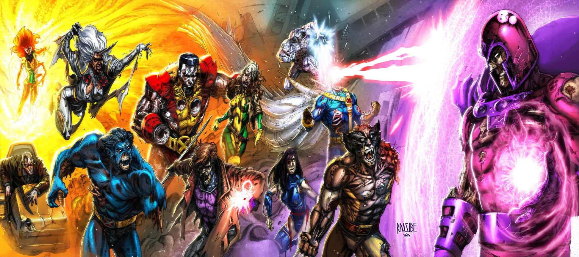 Canvas wall art of zombie X-Men charging Magneto in chaotic Marvel scene 