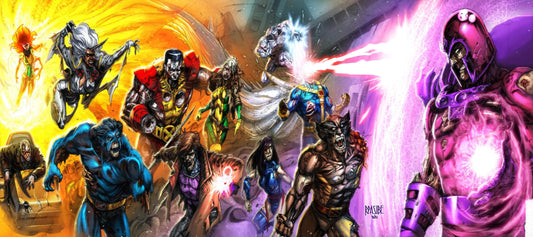 Canvas wall art of zombie X-Men charging Magneto in chaotic Marvel scene 