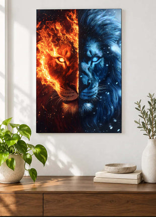 Lion portrait split between orange flames and icy blue light displayed above a console table in a room setting