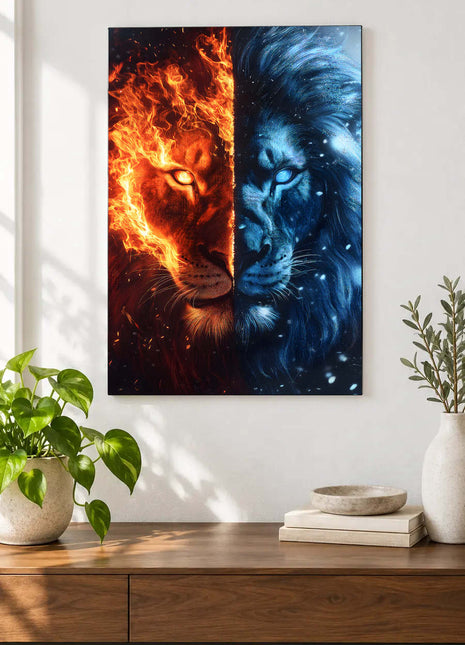Lion portrait split between orange flames and icy blue light displayed above a console table in a room setting