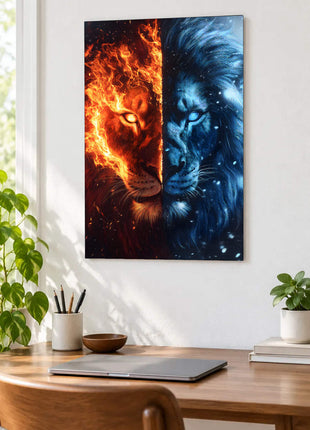 Lion portrait split between orange flames and icy blue light displayed above a desk in a room setting