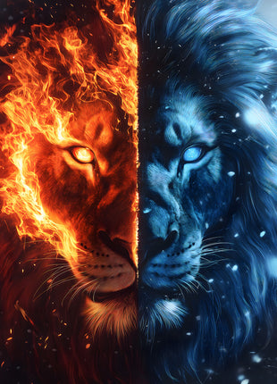 Lion portrait split between orange flames and icy blue light