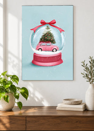 A Little Christmas Journey wall art displayed above a walnut console against a white wall
