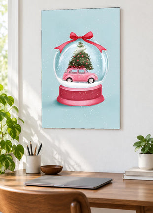 A Little Christmas Journey wall art displayed above a wooden desk against a white wall