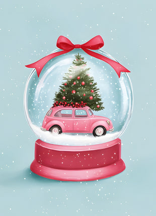 Pink compact car and decorated green fir inside a blue-tinted snow globe with a red pedestal and large red bow on an aqua snowy background; A Little Christmas Journey artwork