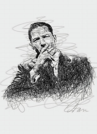 Black scribble-line portrait of a suited man with one hand near his mouth on a pale white background.