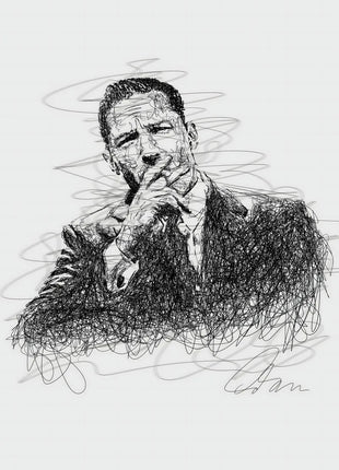 Black scribble-line portrait of a suited man with one hand near his mouth on a pale white background.