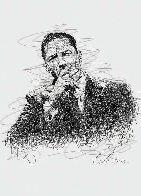 Black scribble-line portrait of a suited man with one hand near his mouth on a pale white background.