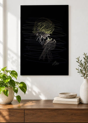 A Small Flame for Sanji acrylic wall art displayed above a wooden console with plants and books against a white wall.