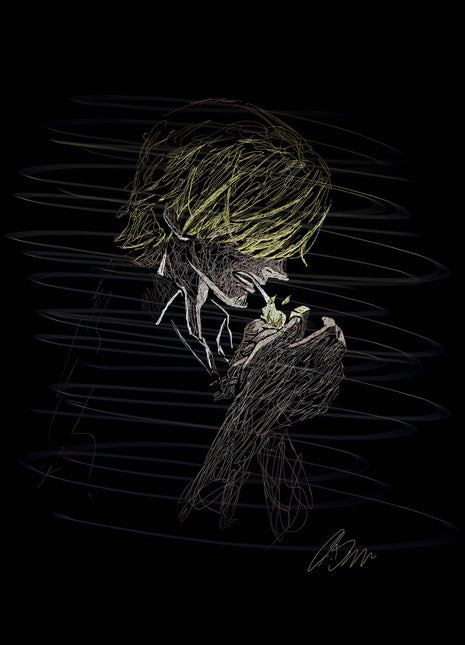 Sanji in bowed side profile lighting a cigarette, with pale yellow hair and a raised hand against black.